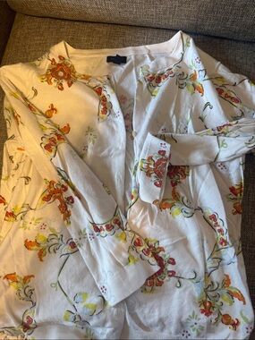 Madison White Floral Open Cardigan with Orange and Green Accents